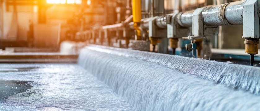Industrial electroplating process in factory with water flowing over metal surface close up view manufacturing and production technology