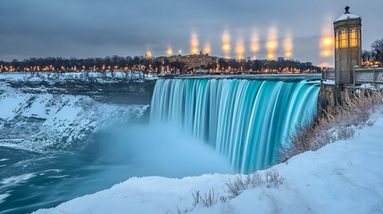 Winter wonderland at Niagara Falls, with icy turquoise falls, snow-covered banks, and city lights in the background