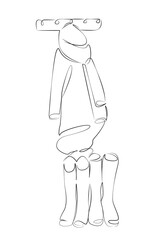 One continuous single drawing line art flat doodle raincoat, hanging, boot, hanger, rubber boot, rack, storage, wear. Isolated image hand draw contour on a white background, hand drawn, not AI