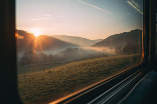 Scenic view from a train window showcasing a breathtaking sunrise over misty hills and lush green fields, capturing the serene beauty of nature during early morning travel