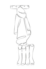 One continuous single drawing line art flat doodle raincoat, hanging, boot, hanger, rubber boot, rack, storage, wear. Isolated image hand draw contour on a white background, hand drawn, not AI