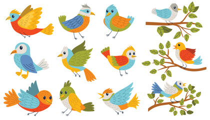 Set of colorful cartoon birds in flat style, featuring various species with bright feathers. Flying birds and birds sitting on branches isolated on white background.