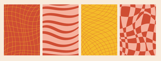 Set of groovy posters with checkered and striped patterns in vibrant retro colors, featuring wavy lines and optical illusions, ideal for vintage inspired decor, design projects, and backgrounds.