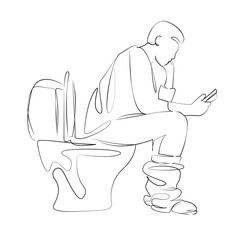 One continuous single drawing line art flat doodle bathroom, man, toilet, sitting, reading, mobile, phone. Isolated image hand draw contour on a white background, hand drawn, not AI