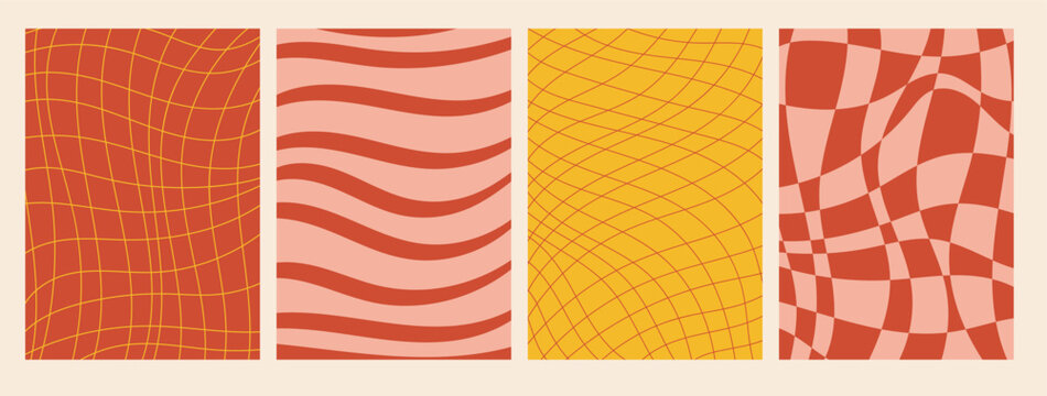 Set of groovy posters with checkered and striped patterns in vibrant retro colors, featuring wavy lines and optical illusions, ideal for vintage inspired decor, design projects, and backgrounds.
