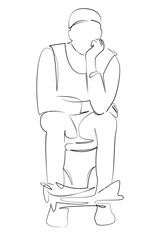 One continuous single drawing line art flat doodle sitting, man, bathroom, indoor, hygiene, diarrhea, toilet. Isolated image hand draw contour on a white background, hand drawn, not AI
