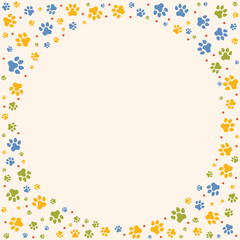 Colorful round frame filled with multicolored dog paw prints on beige background, ideal for pet designs, animal care branding, and playful decorations for dog lovers and veterinary services.