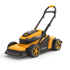 Fototapeta premium Mowing Machine on Alert: A vibrant electric mowing machine rests in anticipation on a plain platform. The machine is ready to sculpt the perfect lawn. 