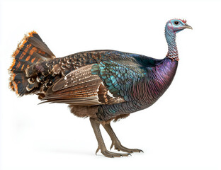Obraz premium Colorful wild turkey stands proudly, showcasing vibrant feathers against a white background in a nature-inspired setting