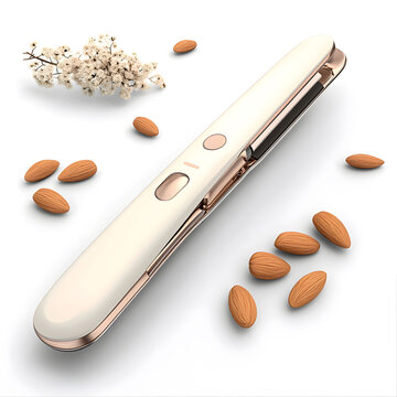 Almond Sheller: A sleek, ivory-colored almond sheller rests elegantly amidst a scattering of almonds and delicate blossoms.