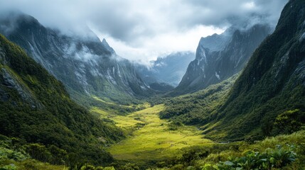 Majestic mountain valley, lush greenery, dramatic clouds