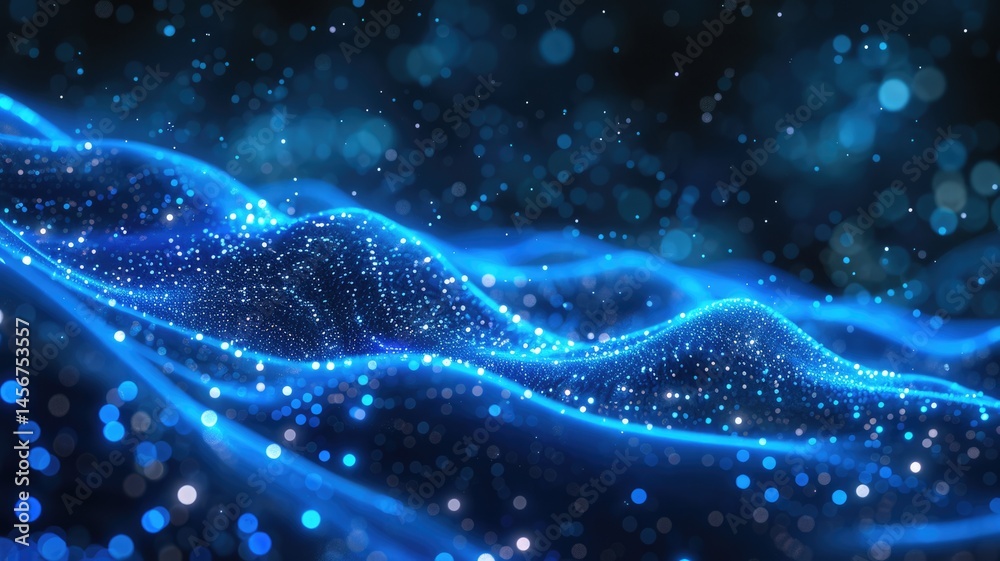 Poster abstract picture micro light sparkling particle represent data flow. vivid flowing wave with high te