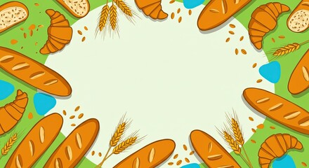 Bakery background with fresh bread and pastries in a colorful style  