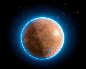 Naklejka premium A vibrant, reddish-brown planet glows with a bright blue aura against a star-studded black backdrop