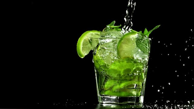 The mojito cocktail is poured into a glass. Filmed on a high-speed camera at 1000 fps. High quality FullHD footage