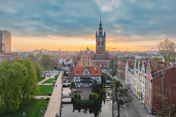 Drone view of the Great Mill and St. Catherine's Church in Gdańsk.
