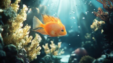 Fototapeta premium Orange fish in a vibrant aquarium. Sunbeams penetrate the water, highlighting the coral and fish
