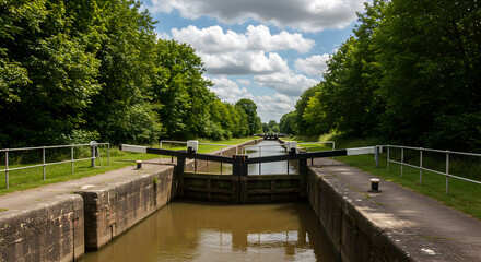 Fototapeta premium Picturesque Narrow Canal Lock with Stone Embankments and Green Canopy Under Cloudy Skies