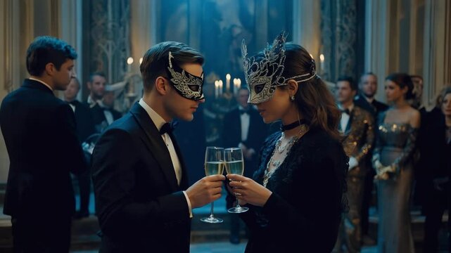 A masked couple clinks champagne glasses during an opulent masquerade ball. Concept of love and sophistication in elegant celebrations.
