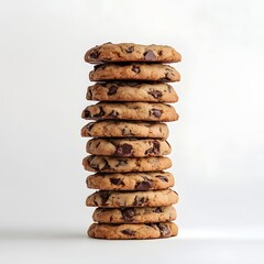 Stack of Freshly Baked Chocolate Chip Cookies on White Background
