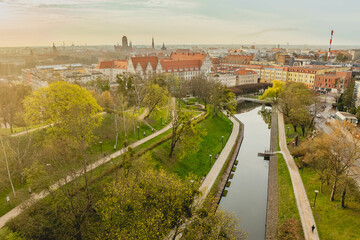 A view from a drone of Gdańsk in the morning from the side of Góra Gradowa.