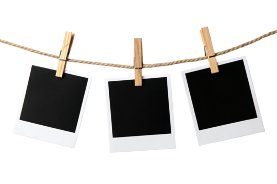 A row of five Polaroid frames pinned on a rope with clothespins, showcasing simplicity and an anticipation of cherished memories, isolated on a transparent background