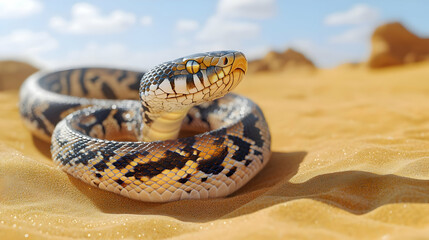 Fototapeta premium Desert snake in alert posture on sandy dunes. Close-up view of patterned scales and focused gaze
