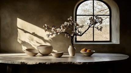 Soft light on table with pottery, flowers, and a window