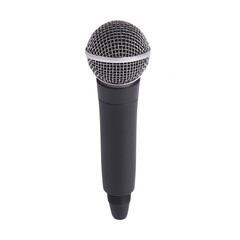 A black handheld microphone isolated on a white background, perfect for music performances, public speaking, or podcasting. Ideal for various creative and promotional uses.