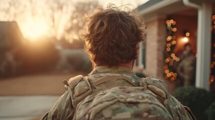 Soldier returns home at sunset to welcoming family