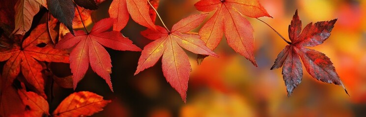 A stunning display of vibrant red maple leaves, showcasing intricate details and textures, captures the essence of a warm autumn day in nature.