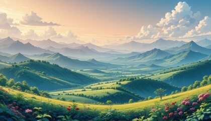 Serene Mountain Valley Sunset Landscape With Blooming Flowers