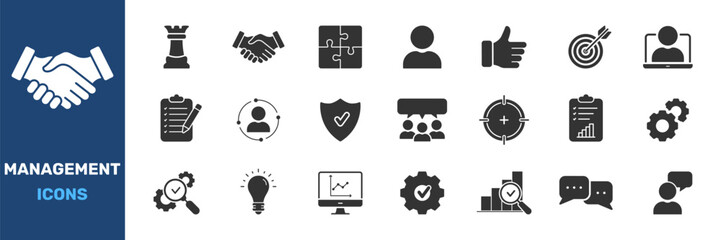 Management And Business Strategy Icon Set. Leadership, Teamwork, Project Planning Silhouette Symbol Collection. Includes Communication, Goal Setting, Performance. Isolated Vector Illustration