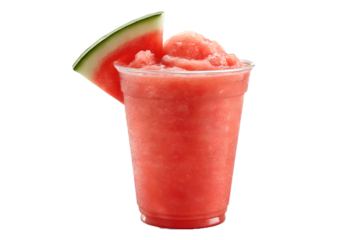 fresh ice cold watermelon smoothie in plastic cup on transparent background