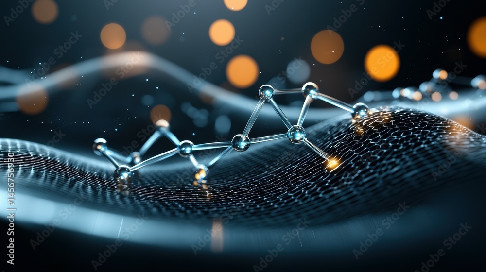 Poster abstract molecular structure on a dynamic dark background with glowing elements.