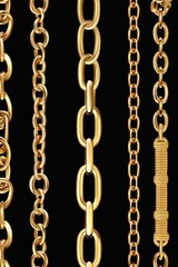 Assorted Gold Chains Hanging Vertically on Black Backdrop close up studio shot luxury jewelry fashion accessory design
