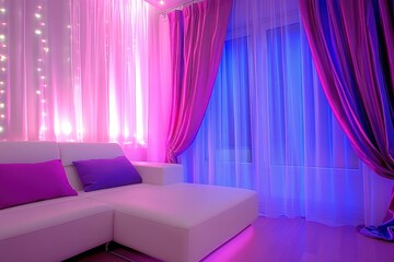 Modern Living Room with Stylish Couch and Colorful Curtains for Relaxing Atmosphere