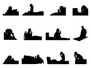Set of Prayer Bed Silhouette in various poses isolated on white background