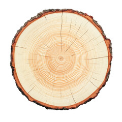 A close-up view of a tree slice, showcasing intricate growth rings and natural wood patterns on a white isolated background.