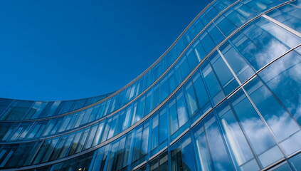 A soaring glass skyscraper reflects the sky in geometric patterns. A stunning architectural shot full of light, symmetry, and modern power.

