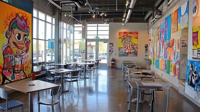 Creative hub cafe with modern art installations and open spaces for drawing..