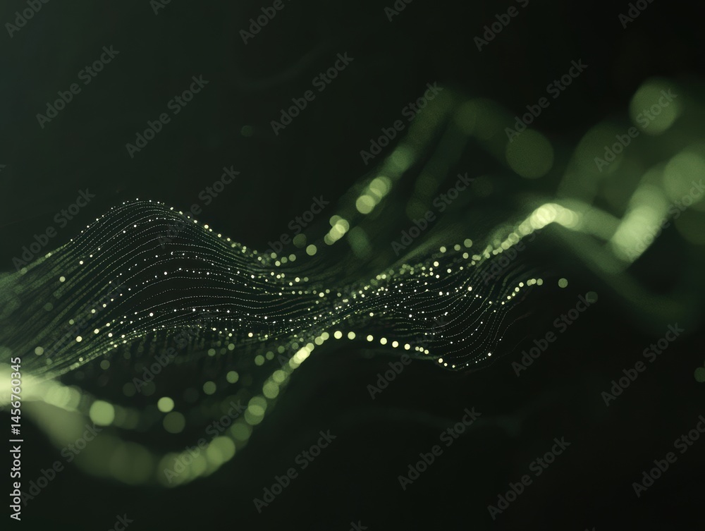 Poster abstract data visualization on dark background showing flowing green lines and dots for science and 