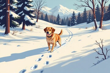 Labrador on hiking trail in snowy forest, walking happily with black collar. Concept of winter trail adventure featuring labrador on hiking trail, showcasing dogs in nature.
