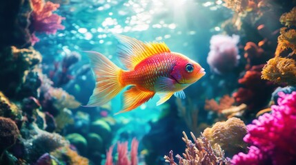 Fototapeta premium Vibrant tropical fish in a coral reef aquarium. Sunlit underwater scene