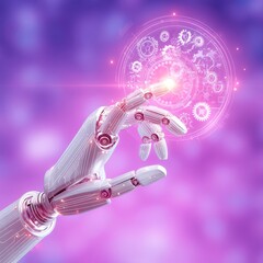 Robotic hand interacting with holographic display futuristic setting digital art closeup perspective technology concepts