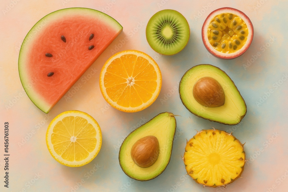Leinwandbilder fresh and vibrant assortment of tropical fruits on a pastel background showcasing color and texture 