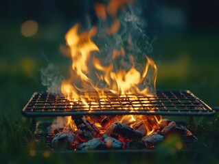 Outdoor grill with flames and glowing embers.  Close-up of hot coals and vibrant orange flames rising from a metal grilling grate.  Smoke rises.  Evening setting