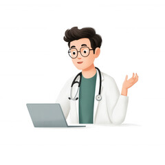 Fototapeta premium A friendly healthcare professional in a lab coat, smiling while working on a laptop