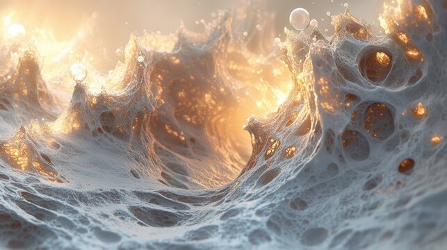 Abstract background with a porous, interconnected network structure, featuring a blend of white and gold tones. Highlights and light spots create depth and visual interest.