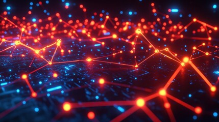 Fototapeta premium Abstract network background with glowing red nodes connected by lines over a blue circuit board pattern, symbolizing connectivity, technology, and data transmission.